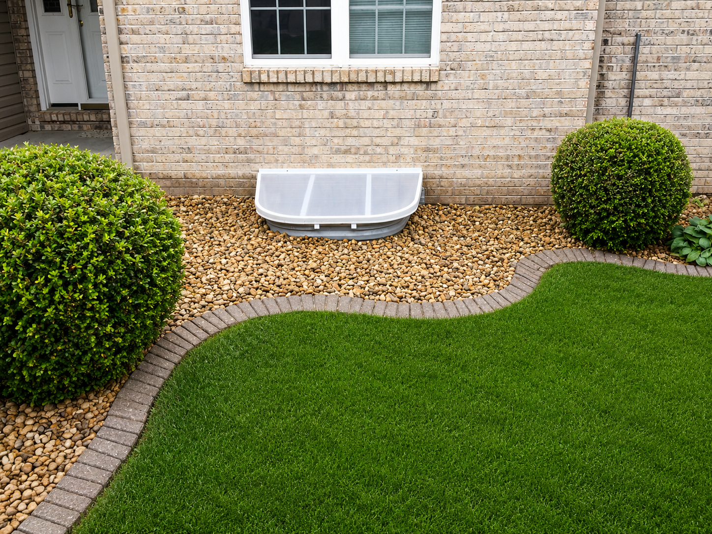 After egress window installation in Hamel, IL — code-compliant well, polycarbonate cover, landscaping restored